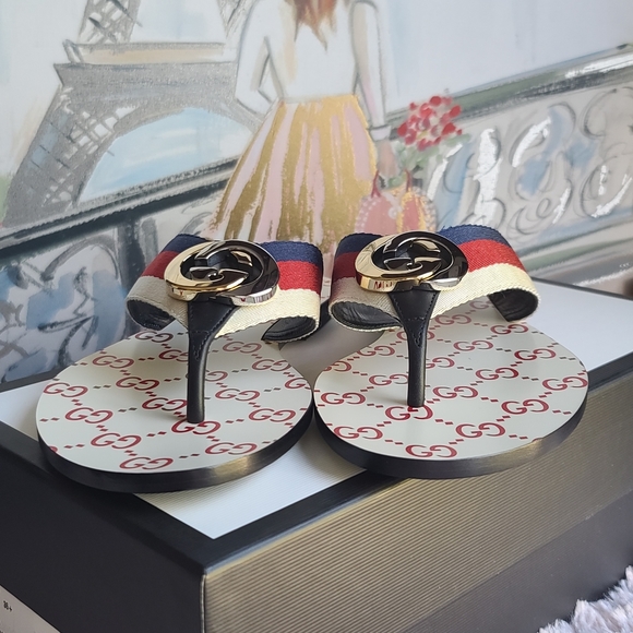 GUCCI Kika Logo-embellished Striped Nylon, Canvas and Leather Sandals,red/white. - Picture 9 of 13